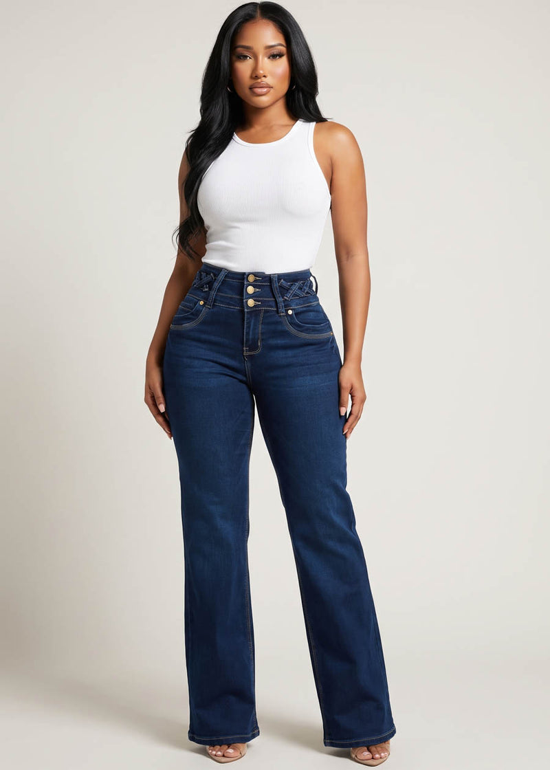 MX JEANS Butt Lift High Waist Wide Leg Stretch Jeans Dark Wash w Lace Up Design