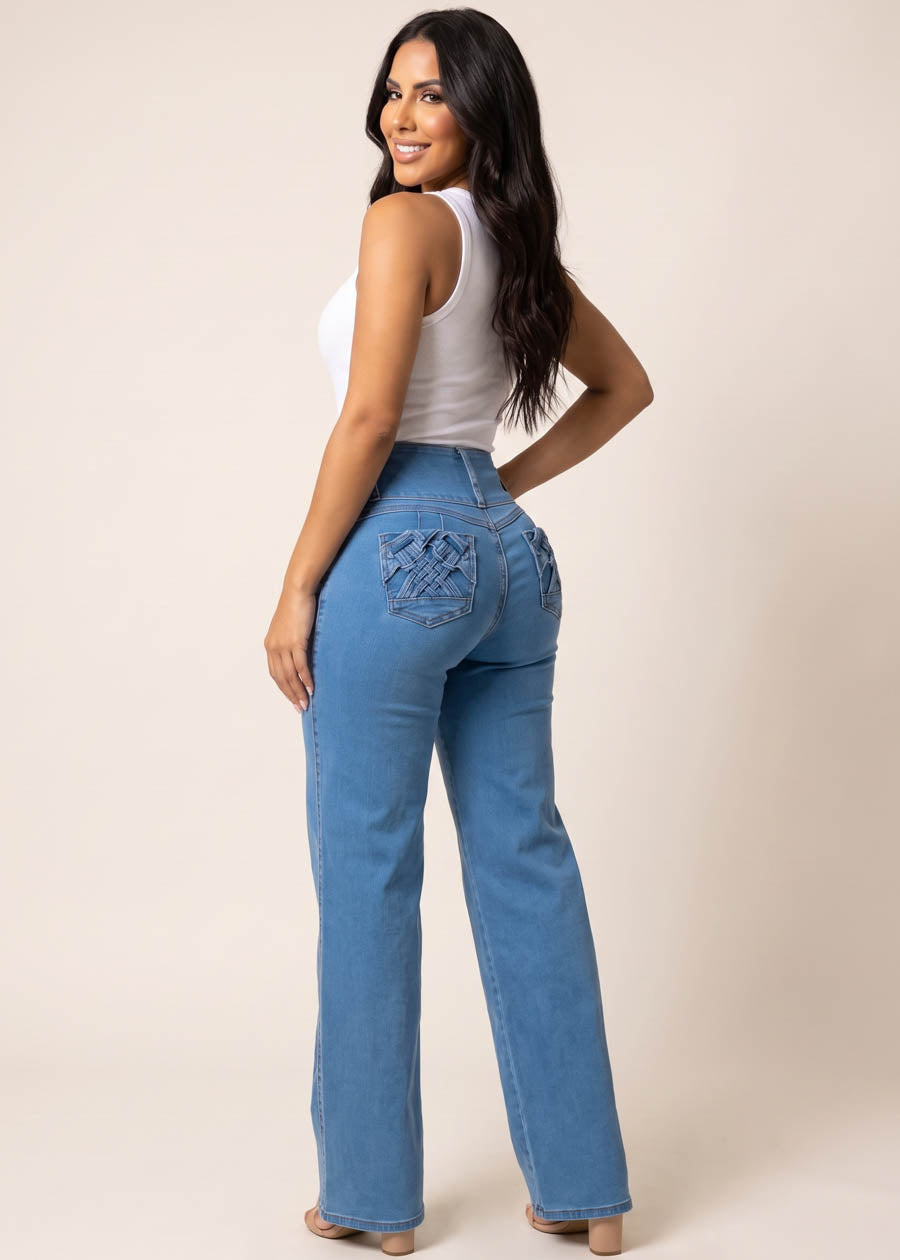 MX JEANS Butt Lift High Waist Wide Leg Stretch Jeans Med Blue, view 2 of 13