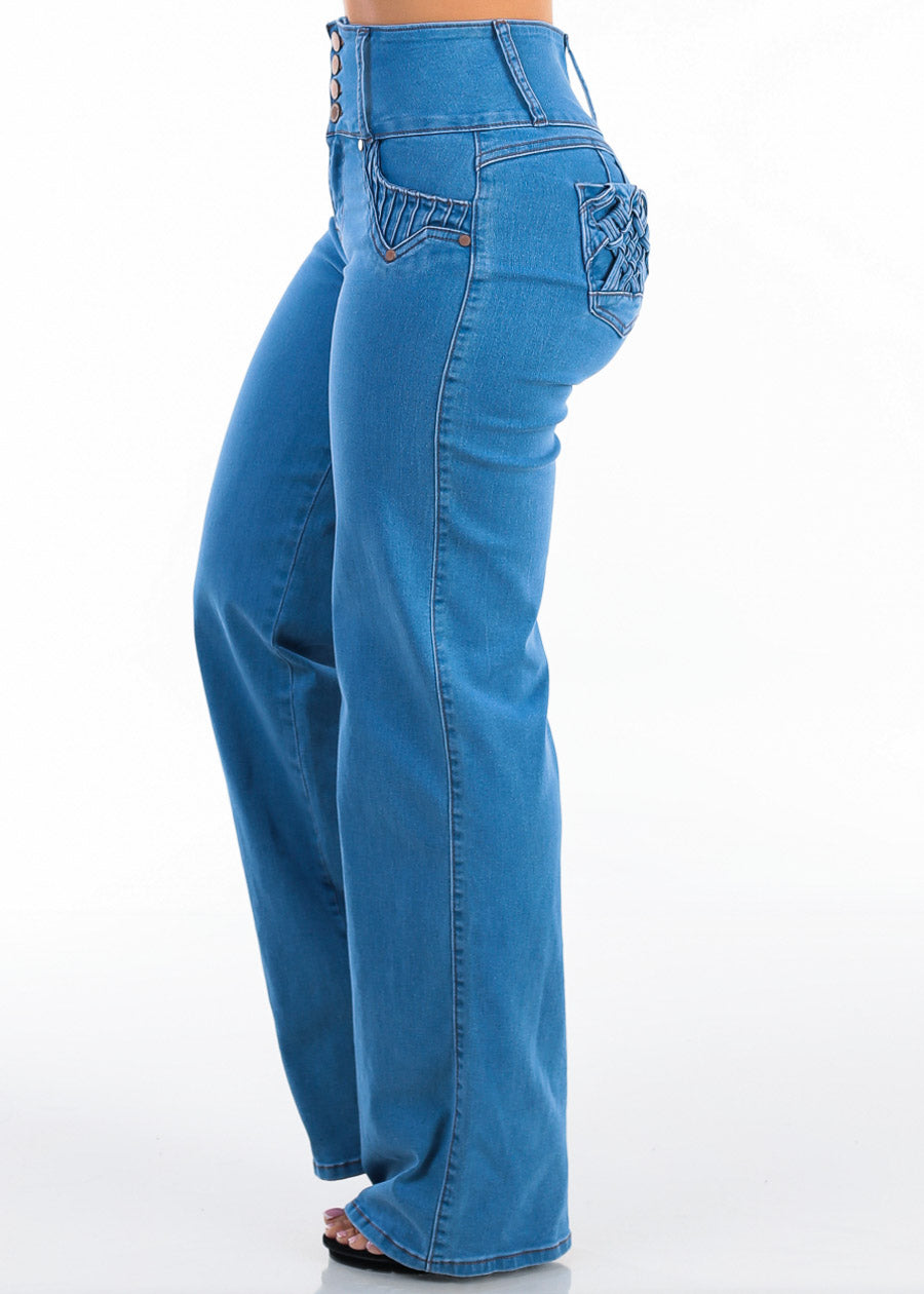 MX JEANS Butt Lift High Waist Wide Leg Stretch Jeans Med Blue