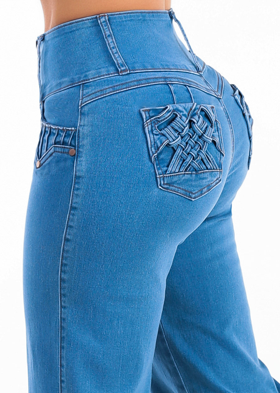 MX JEANS Butt Lift High Waist Wide Leg Stretch Jeans Med Blue