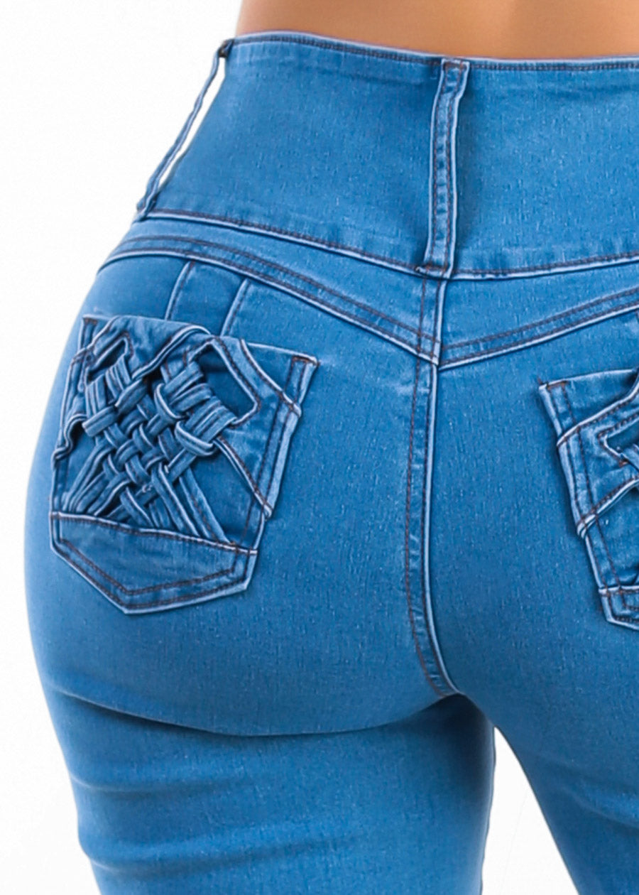 MX JEANS Butt Lift High Waist Wide Leg Stretch Jeans Med Blue
