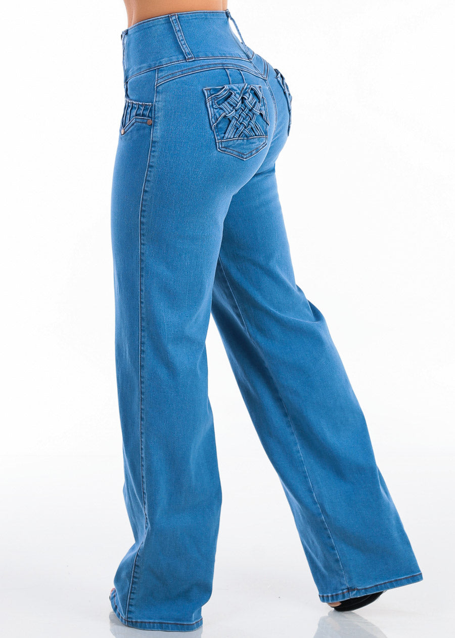 MX JEANS Butt Lift High Waist Wide Leg Stretch Jeans Med Blue