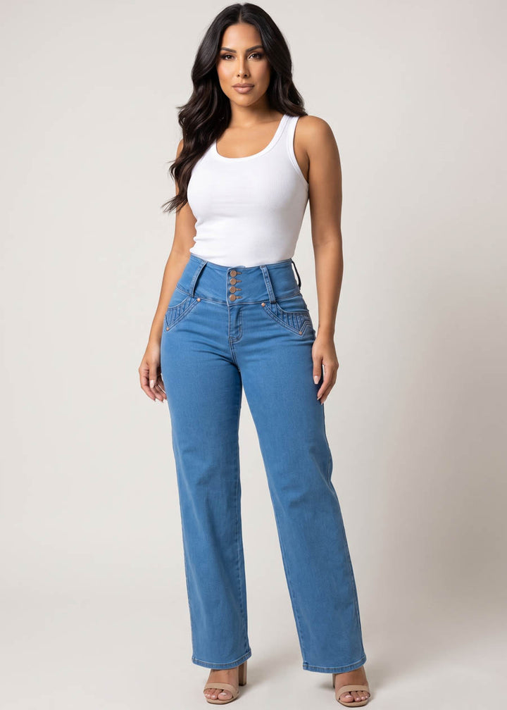 MX JEANS Butt Lift High Waist Wide Leg Stretch Jeans Med Blue