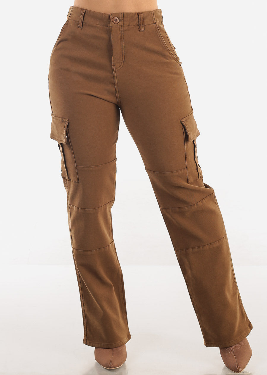 Butt Lift High Rise Straight Wide Leg Cargo Jeans Brown