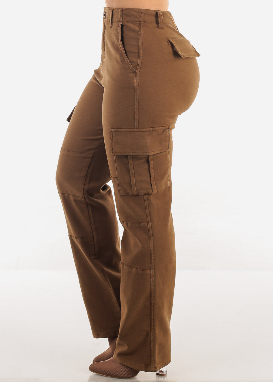 Butt Lift High Rise Straight Wide Leg Cargo Jeans Brown