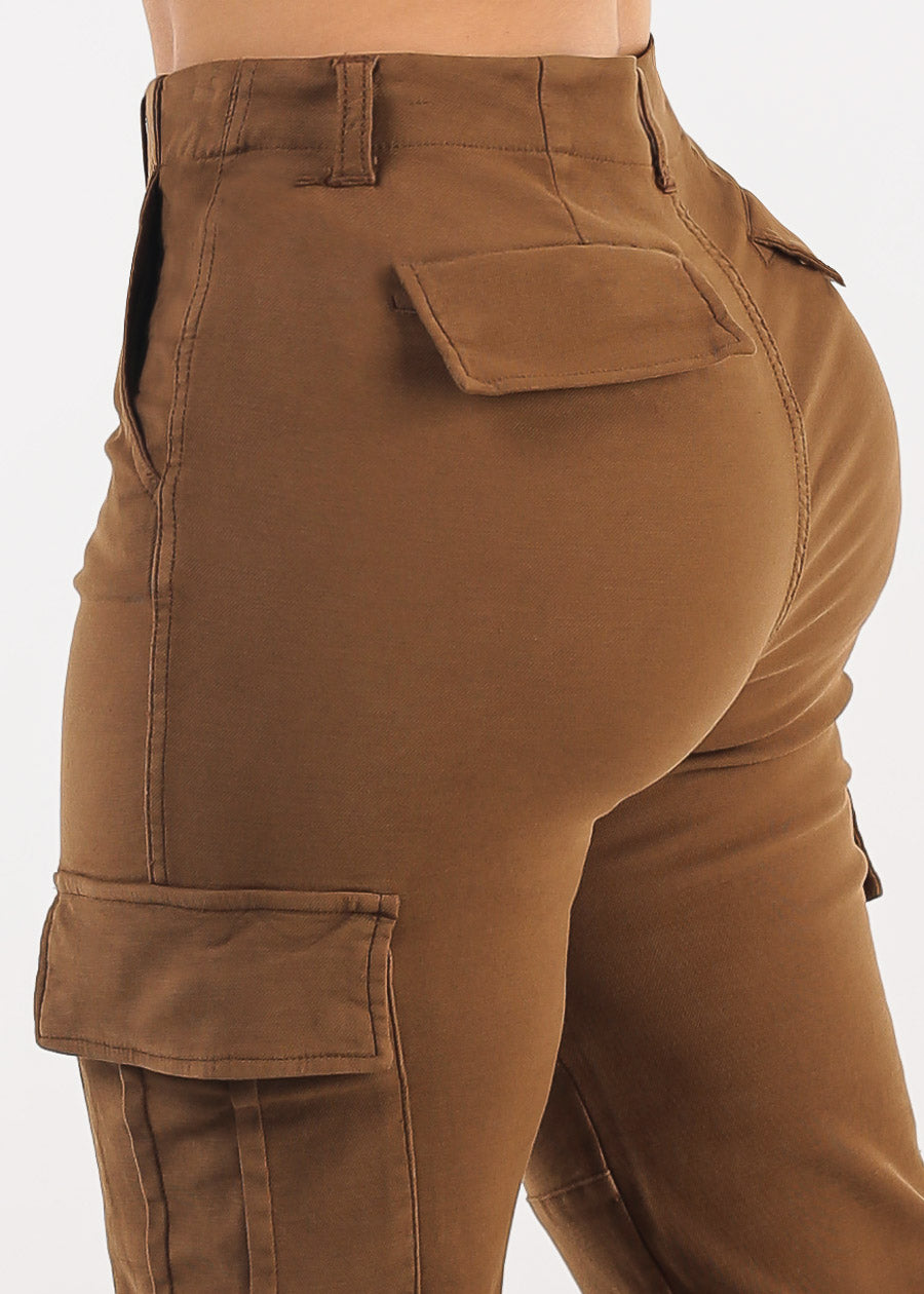 Butt Lift High Rise Straight Wide Leg Cargo Jeans Brown