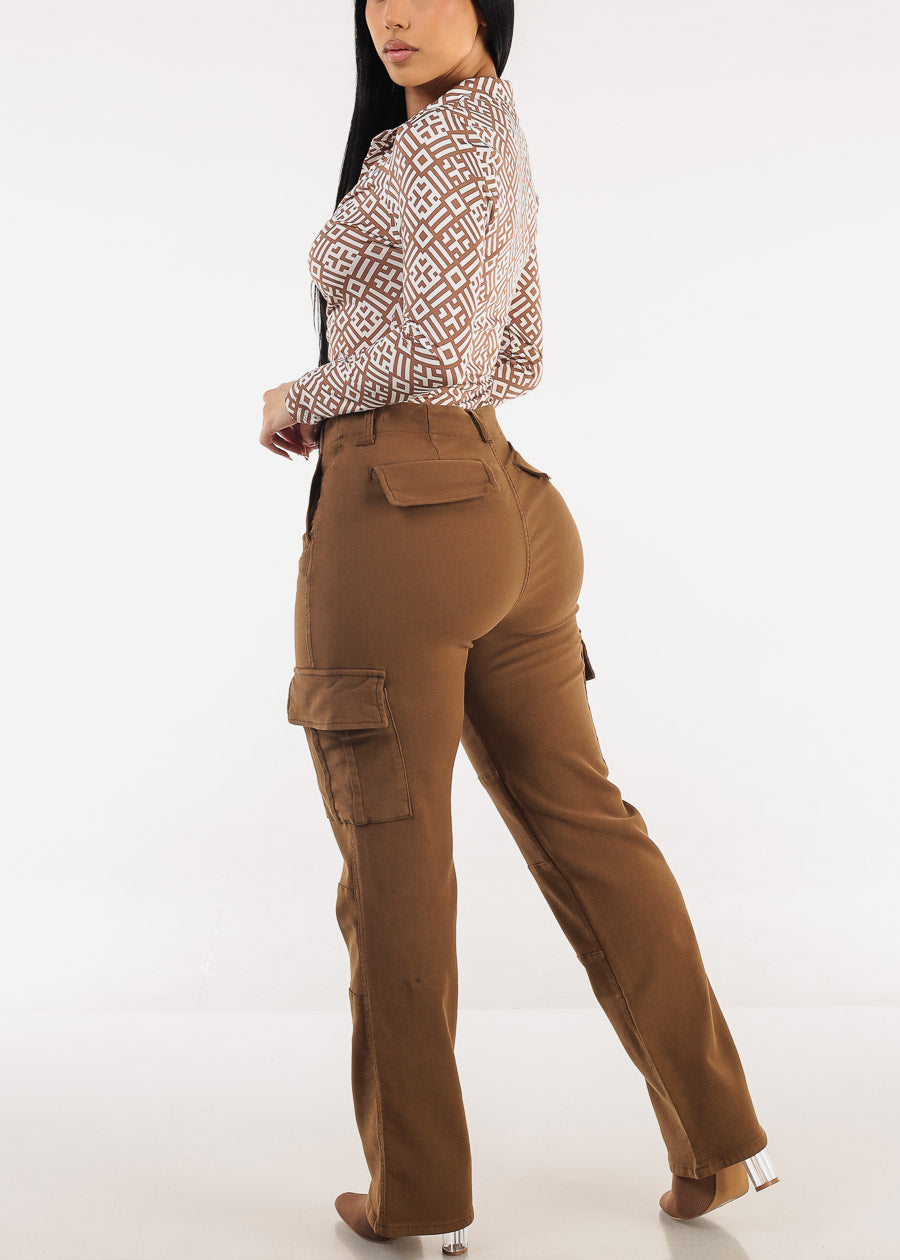 Butt Lift High Rise Straight Wide Leg Cargo Jeans Brown