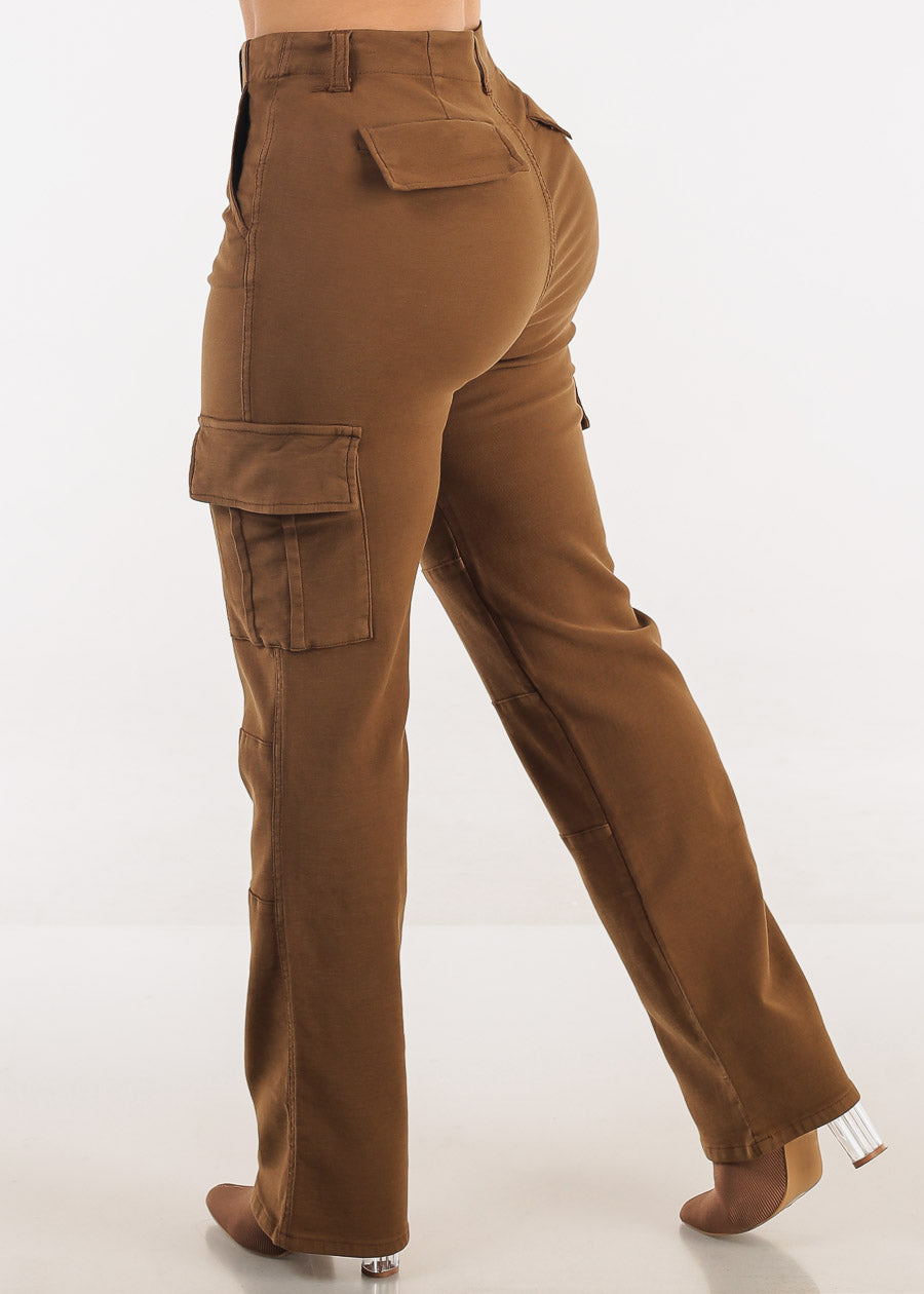 Butt Lift High Rise Straight Wide Leg Cargo Jeans Brown