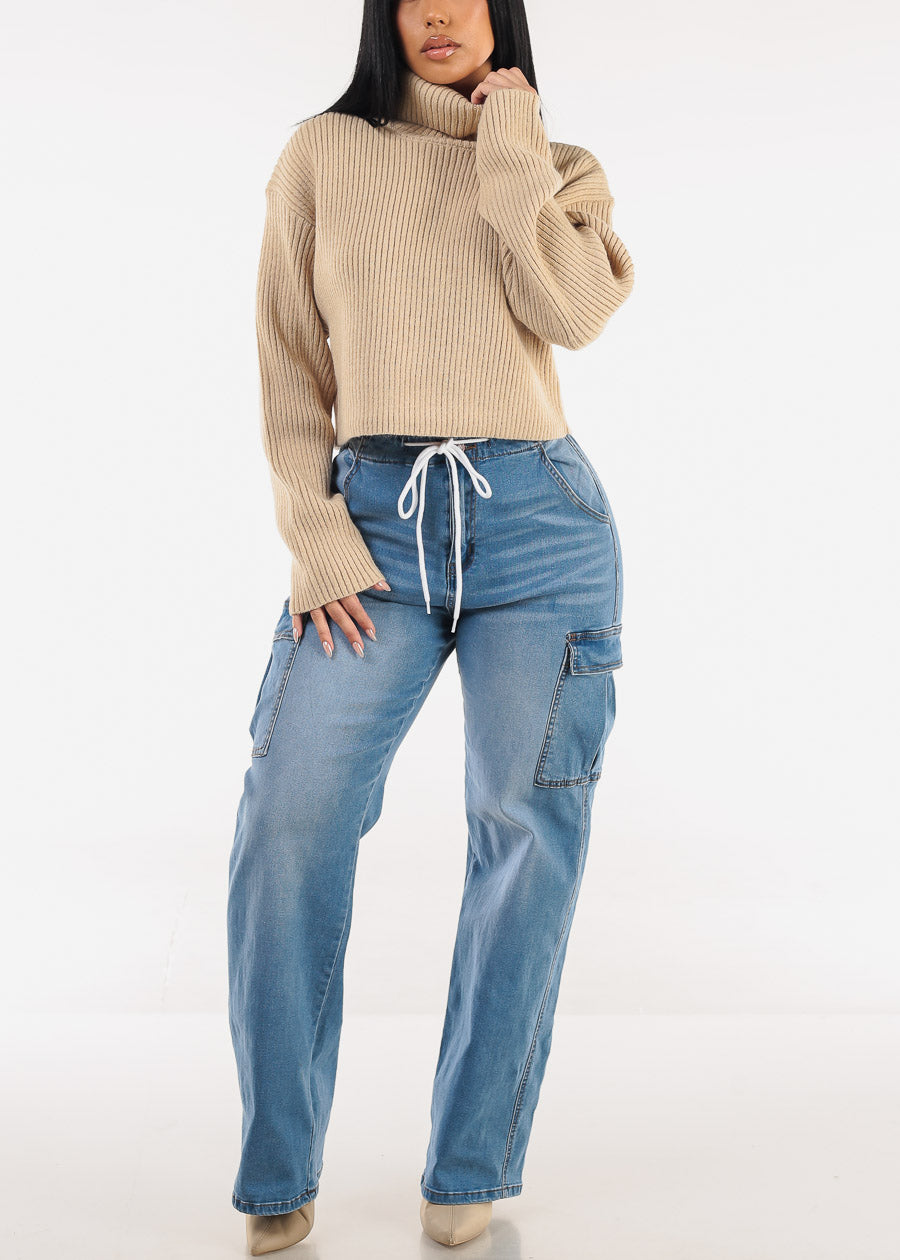 Super High Waist Stretch Wide Leg Cargo Jeans Med Blue