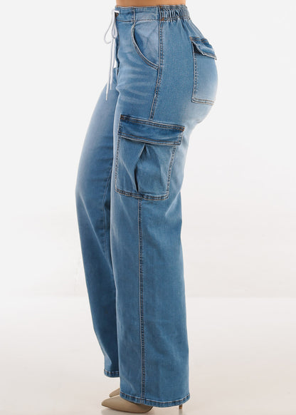 Super High Waist Stretch Wide Leg Cargo Jeans Med Blue