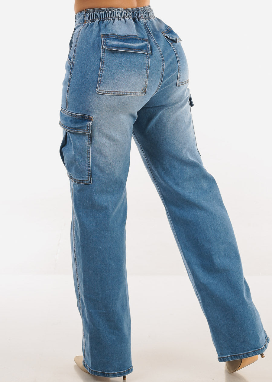 Super High Waist Stretch Wide Leg Cargo Jeans Med Blue