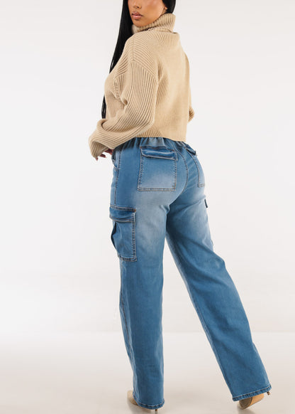 Super High Waist Stretch Wide Leg Cargo Jeans Med Blue