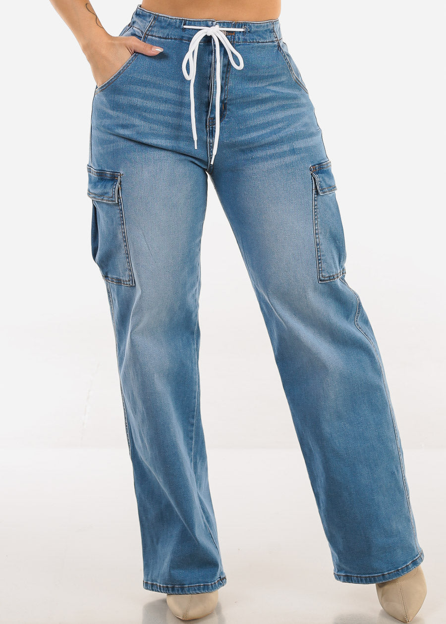 Super High Waist Stretch Wide Leg Cargo Jeans Med Blue
