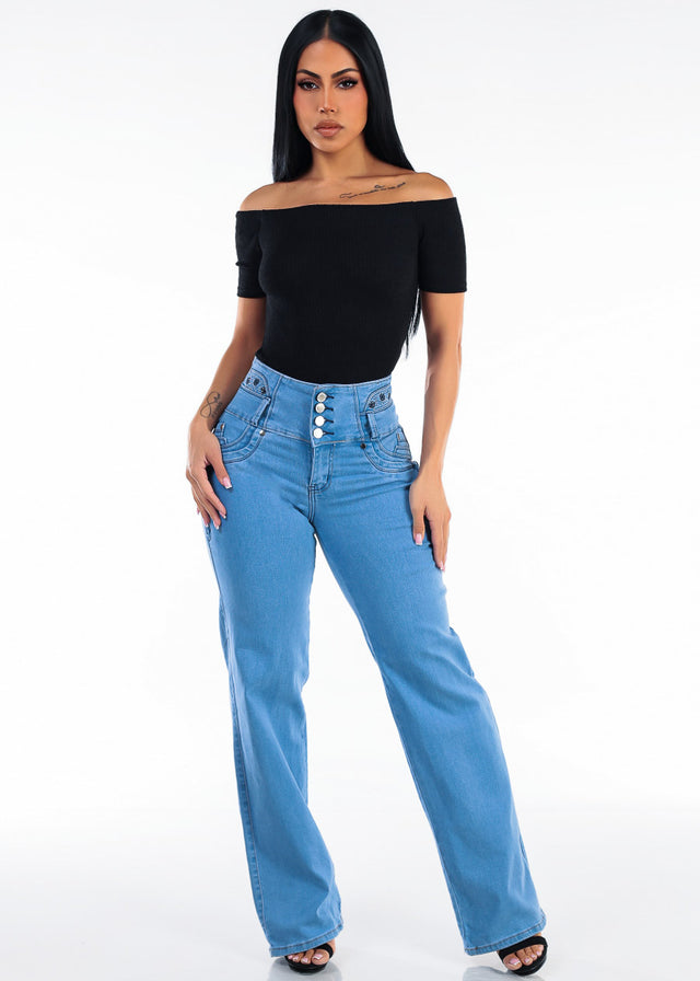 MX JEANS Embroidered Back Butt Lift Wide Leg Stretch Jeans Light Blue