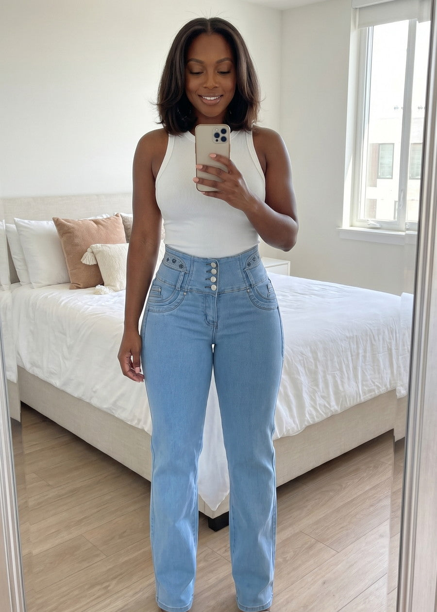 MX JEANS Embroidered Back Butt Lift Wide Leg Stretch Jeans Light Blue, view 11 of 13
