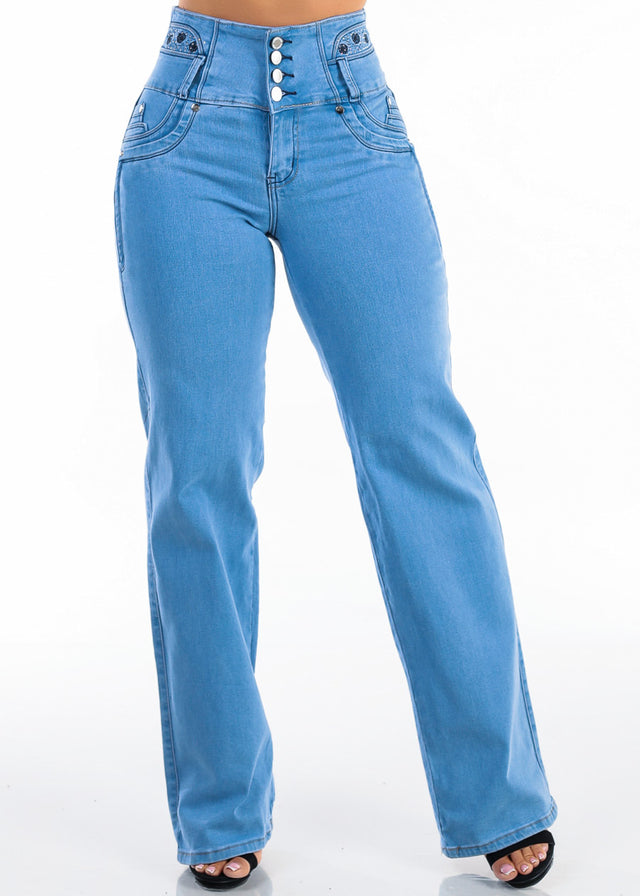 MX JEANS Embroidered Back Butt Lift Wide Leg Stretch Jeans Light Blue