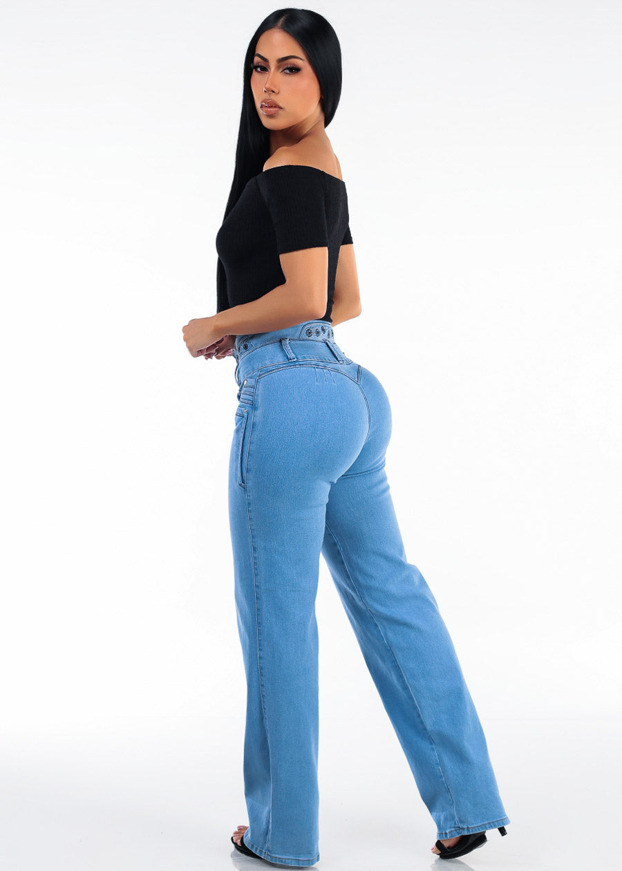 MX JEANS Embroidered Back Butt Lift Wide Leg Stretch Jeans Light Blue