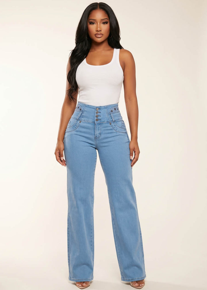 MX JEANS Embroidered Back Butt Lift Wide Leg Stretch Jeans Light Blue