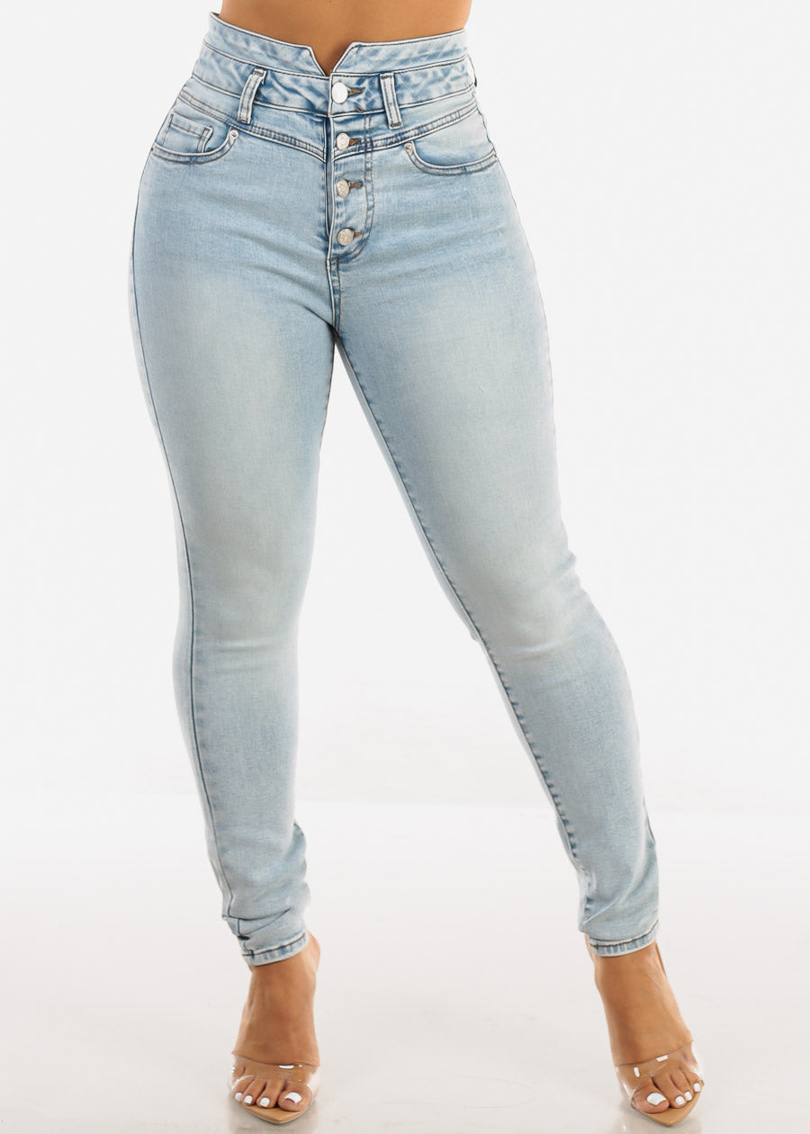 Butt Lifting Button Up Skinny Jeans Acid Wash