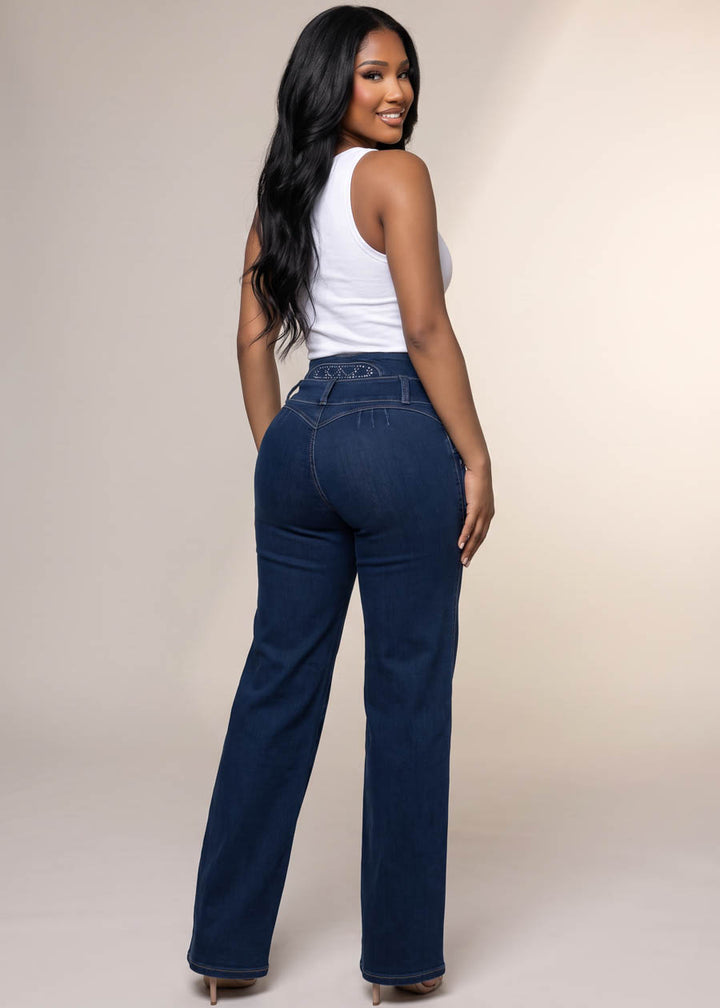 MX JEANS Embroidered Back Butt Lift Wide Leg Stretch Jeans Dark Blue