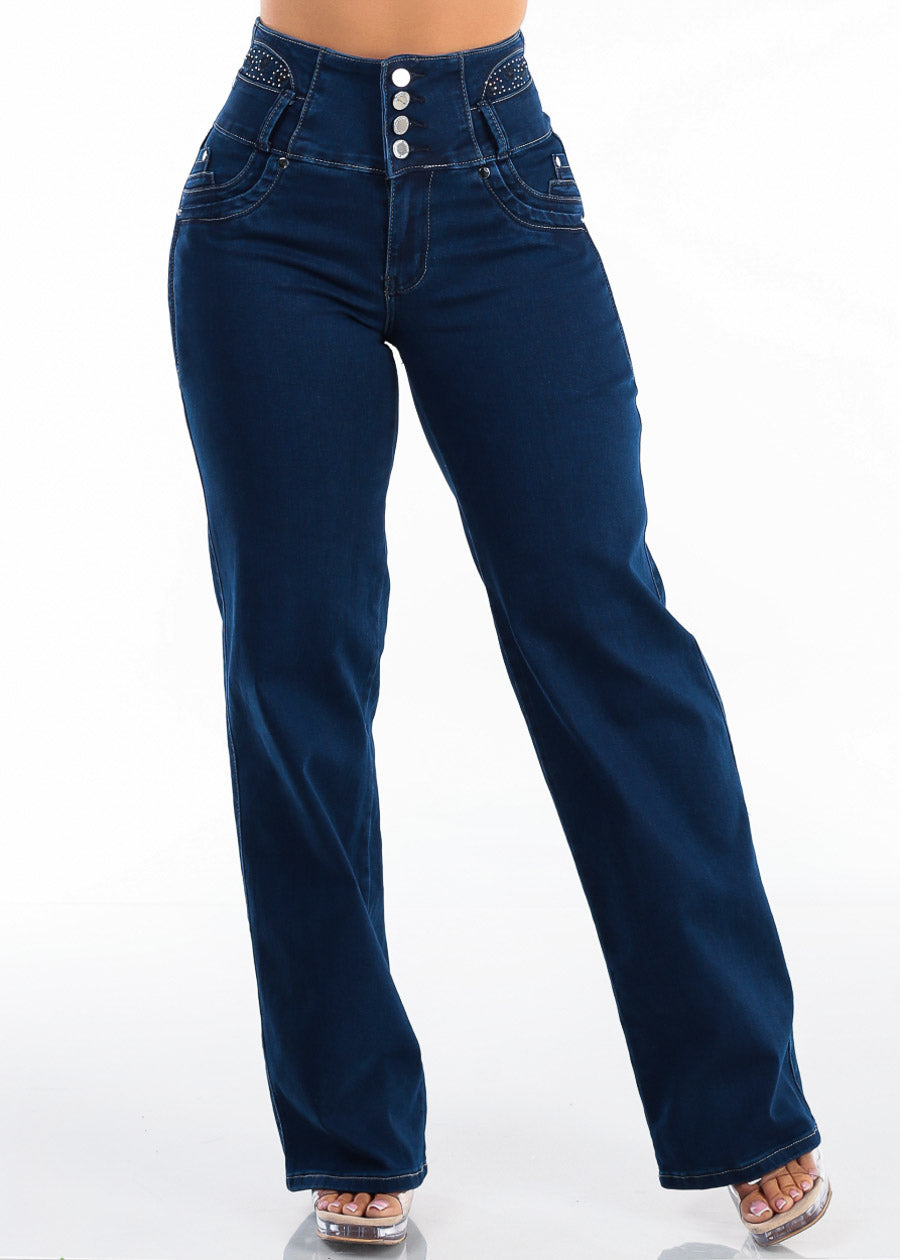 MX JEANS Embroidered Back Butt Lift Wide Leg Stretch Jeans Dark Blue