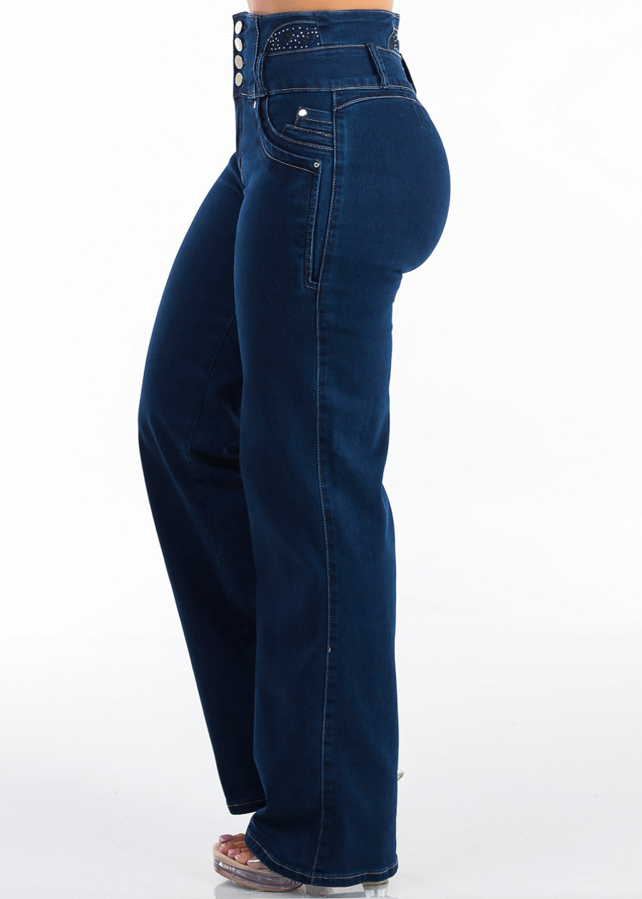 MX JEANS Embroidered Back Butt Lift Wide Leg Stretch Jeans Dark Blue