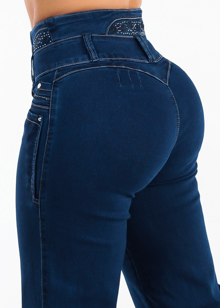 MX JEANS Embroidered Back Butt Lift Wide Leg Stretch Jeans Dark Blue