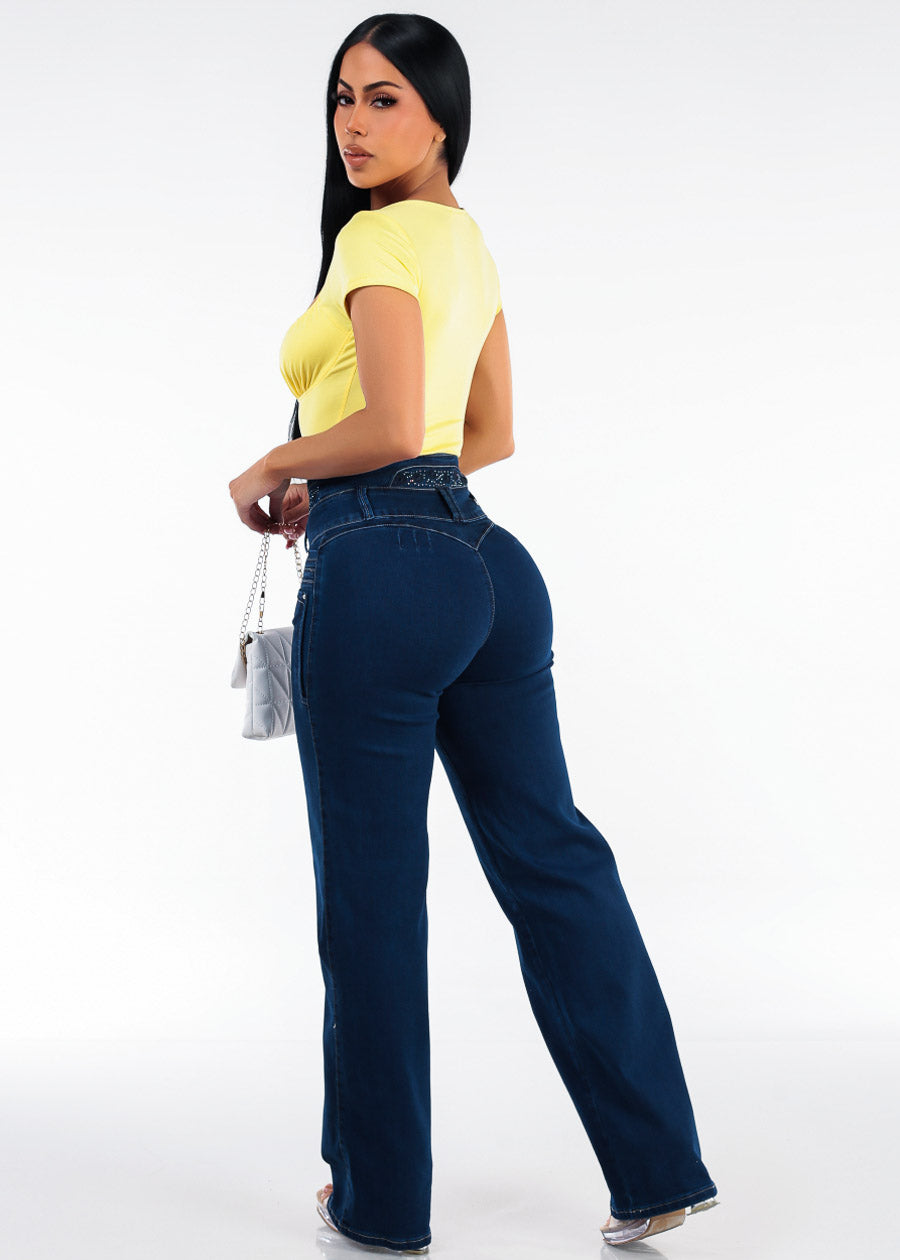 MX JEANS Embroidered Back Butt Lift Wide Leg Stretch Jeans Dark Blue