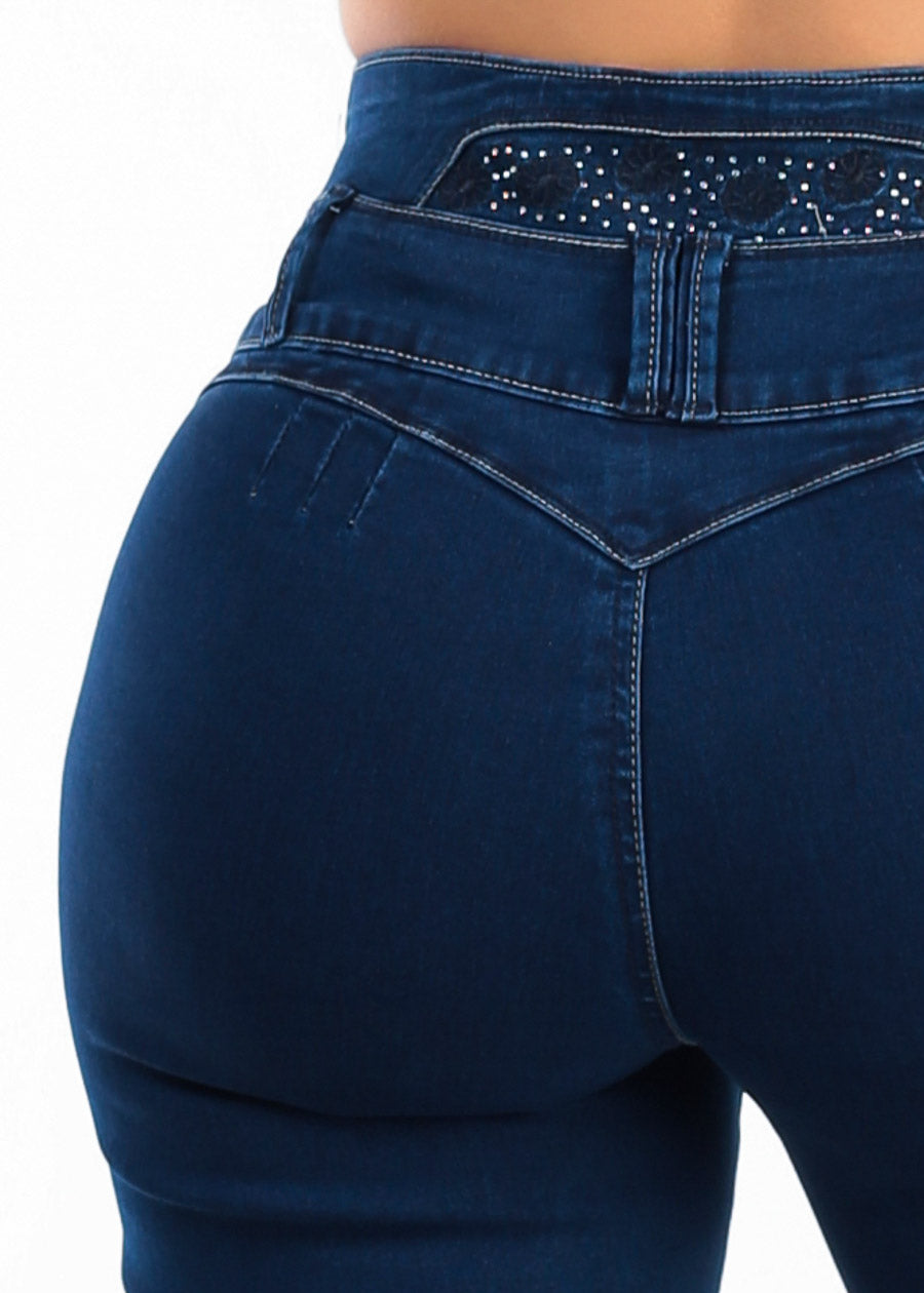 MX JEANS Embroidered Back Butt Lift Wide Leg Stretch Jeans Dark Blue
