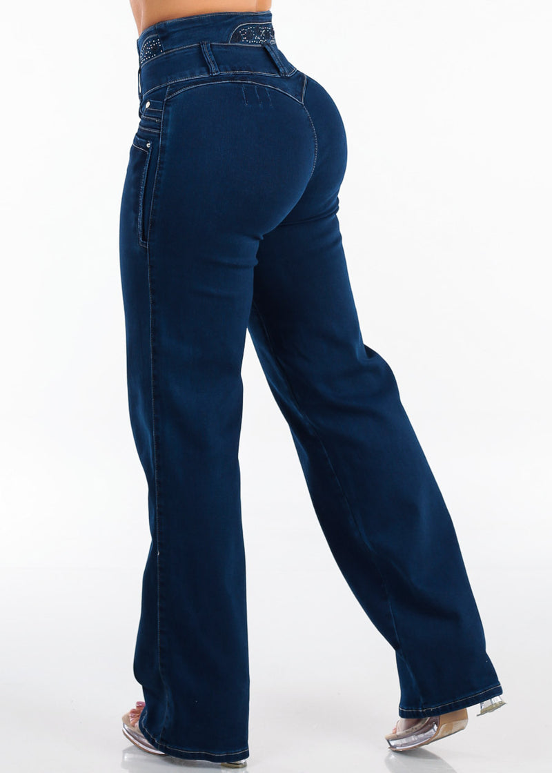 MX JEANS Embroidered Back Butt Lift Wide Leg Stretch Jeans Dark Blue