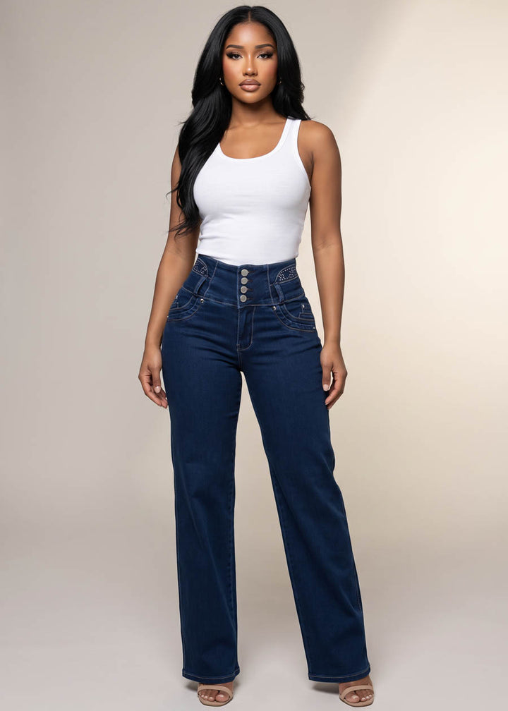 MX JEANS Embroidered Back Butt Lift Wide Leg Stretch Jeans Dark Blue