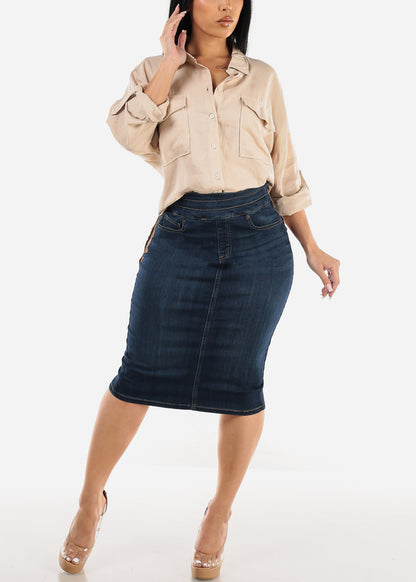 Butt Lift High Waisted Denim Pencil Skirt Dark Blue