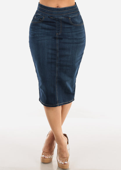 Butt Lift High Waisted Denim Pencil Skirt Dark Blue