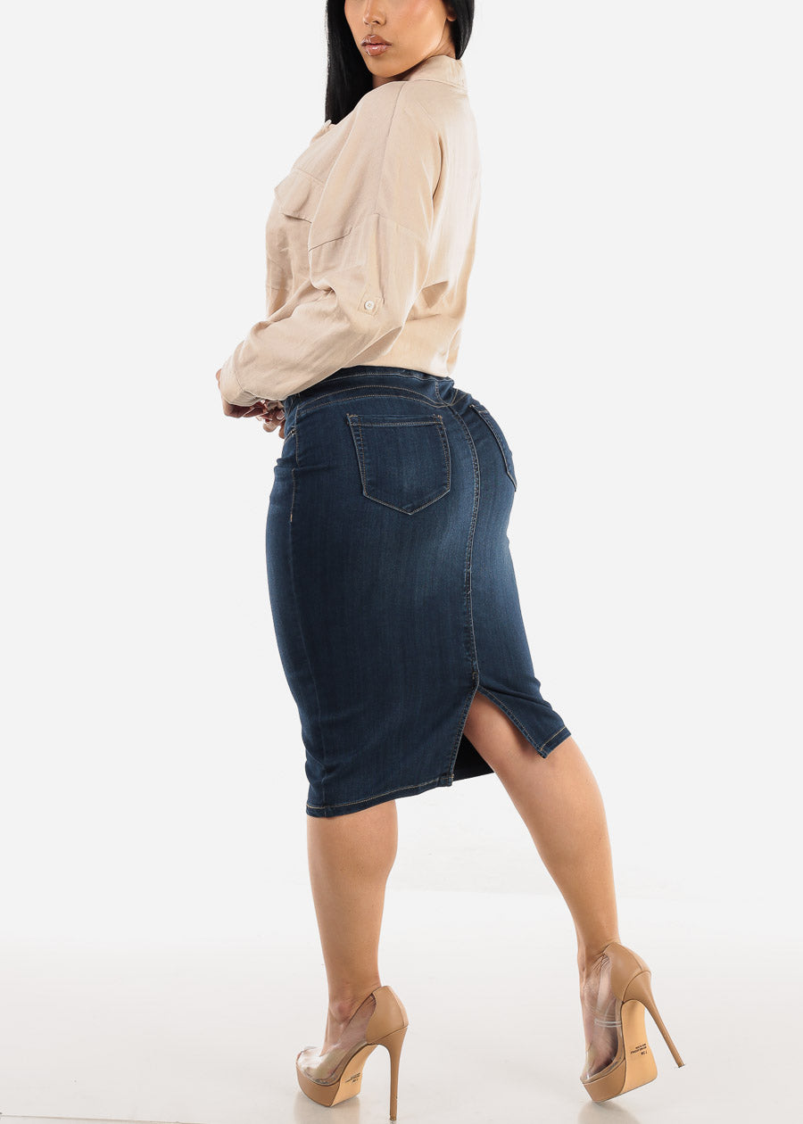 Butt Lift High Waisted Denim Pencil Skirt Dark Blue