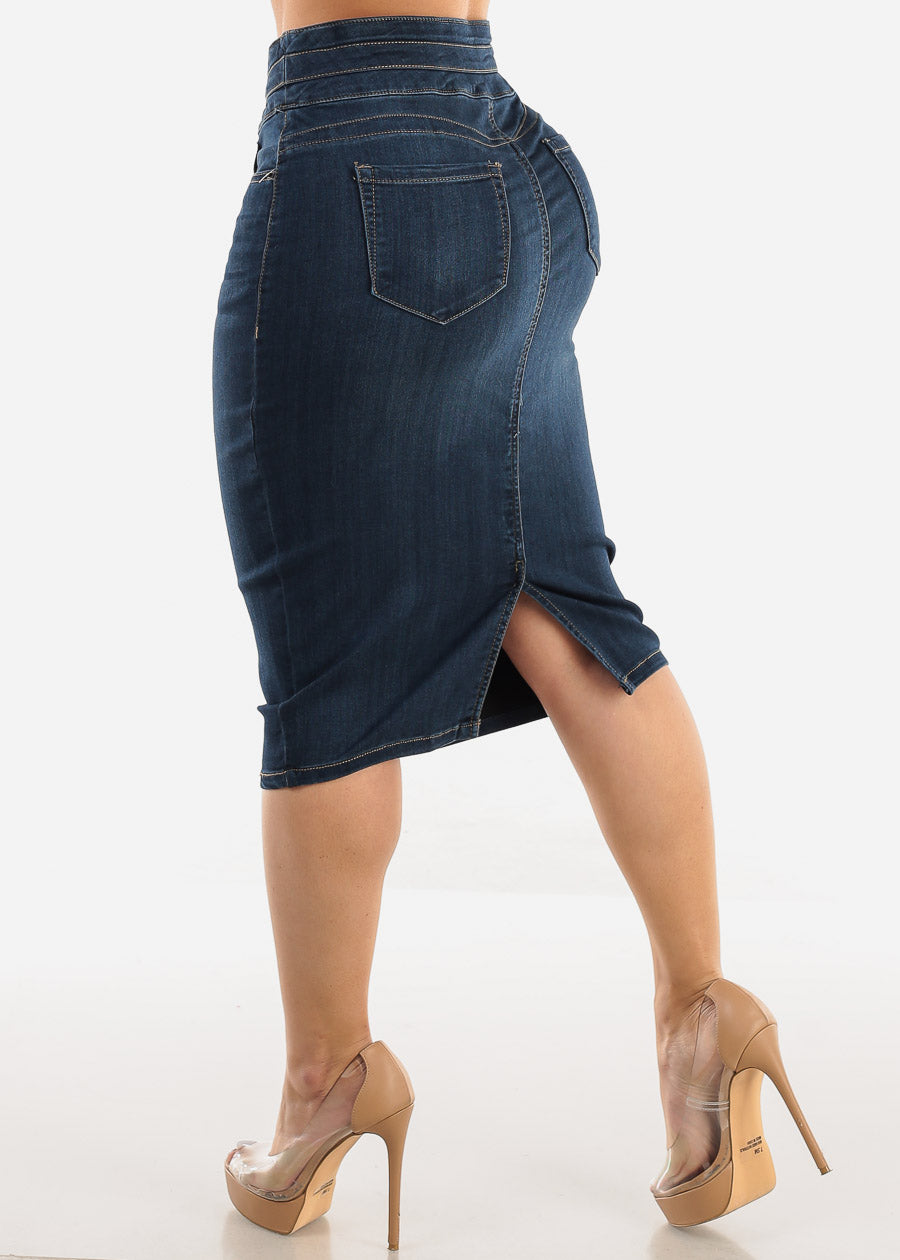 Butt Lift High Waisted Denim Pencil Skirt Dark Blue