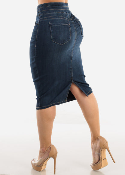 Butt Lift High Waisted Denim Pencil Skirt Dark Blue