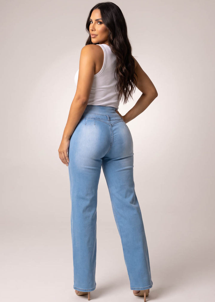 MX JEANS Butt Lift Thick Waist Wide Leg Stretch Jeans Light Blue