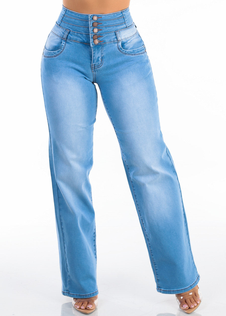 MX JEANS Butt Lift Thick Waist Wide Leg Stretch Jeans Light Blue