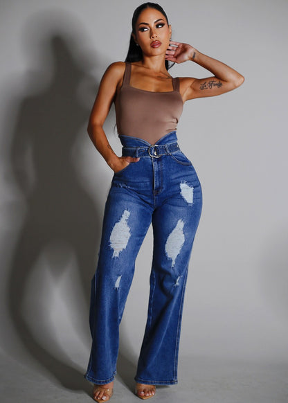 Super High Waist Distressed Wide Leg Stretch Jeans Blue