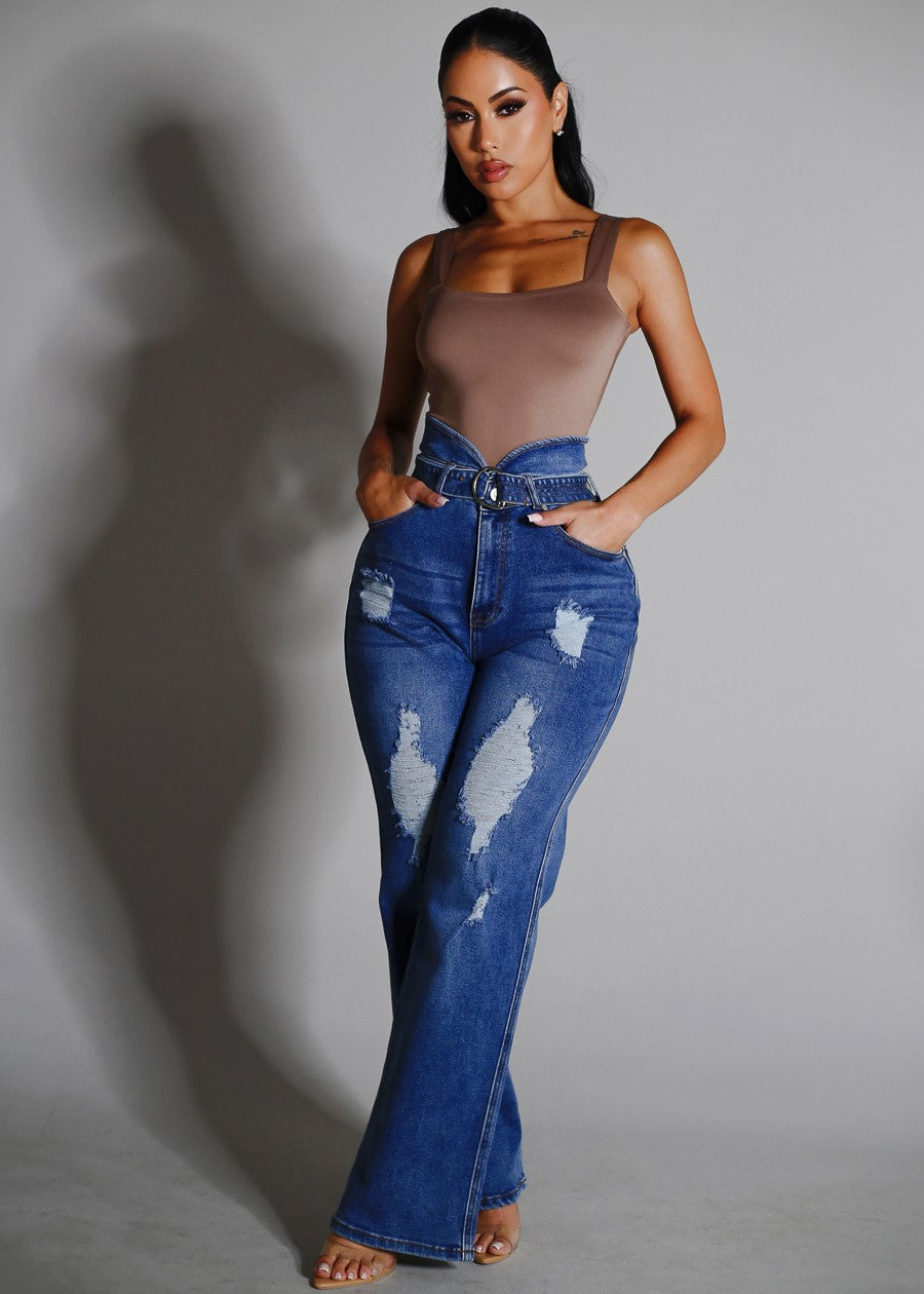 Super High Waist Distressed Wide Leg Stretch Jeans Blue