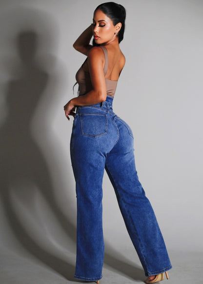 Super High Waist Distressed Wide Leg Stretch Jeans Blue