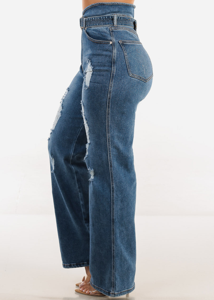 Super High Waist Distressed Wide Leg Stretch Jeans Blue