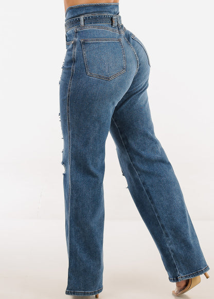 Super High Waist Distressed Wide Leg Stretch Jeans Blue
