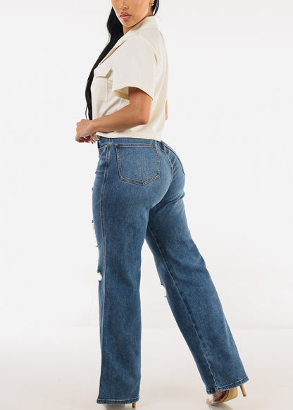 Super High Waist Distressed Wide Leg Stretch Jeans Blue