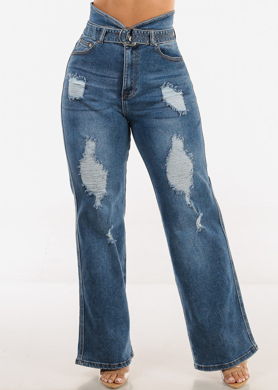 Super High Waist Distressed Wide Leg Stretch Jeans Blue