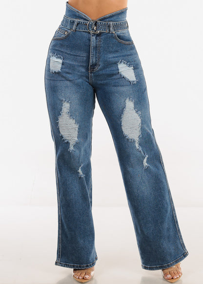 Super High Waist Distressed Wide Leg Stretch Jeans Blue