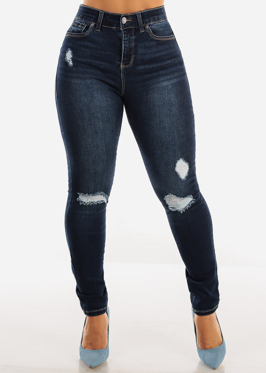 Butt Lift High Waist Distressed Skinny Jeans Dark Blue