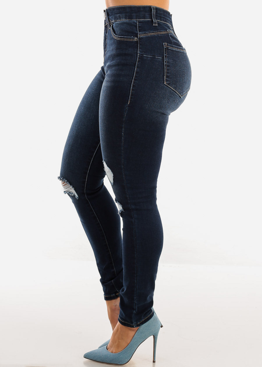 Butt Lift High Waist Distressed Skinny Jeans Dark Blue