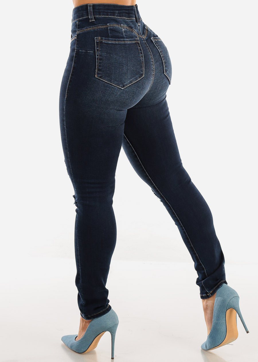 Butt Lift High Waist Distressed Skinny Jeans Dark Blue