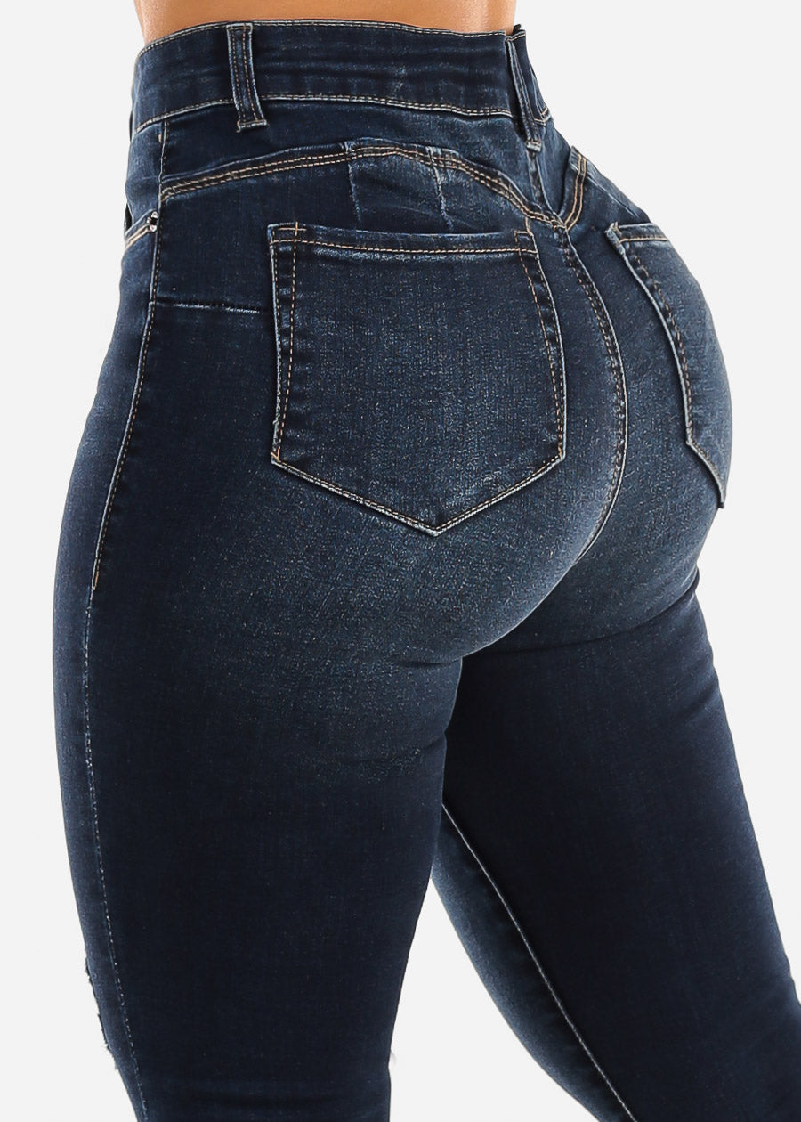 Butt Lift High Waist Distressed Skinny Jeans Dark Blue